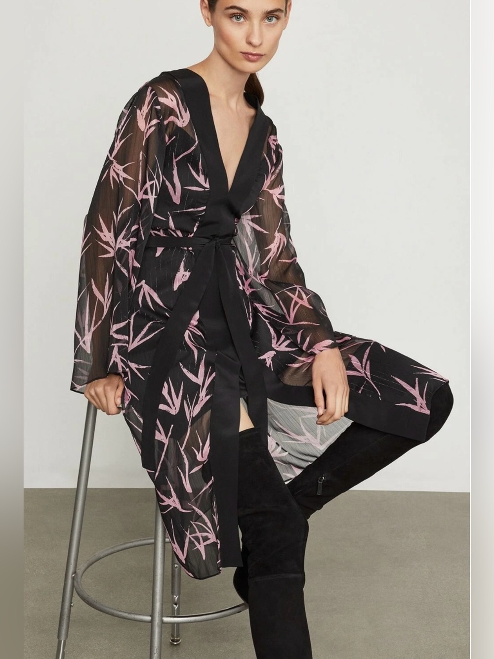BCBGMaxAzria Sheer Alluring Metallic Bamboo Print Kimono Dress Flare Sleeves MED